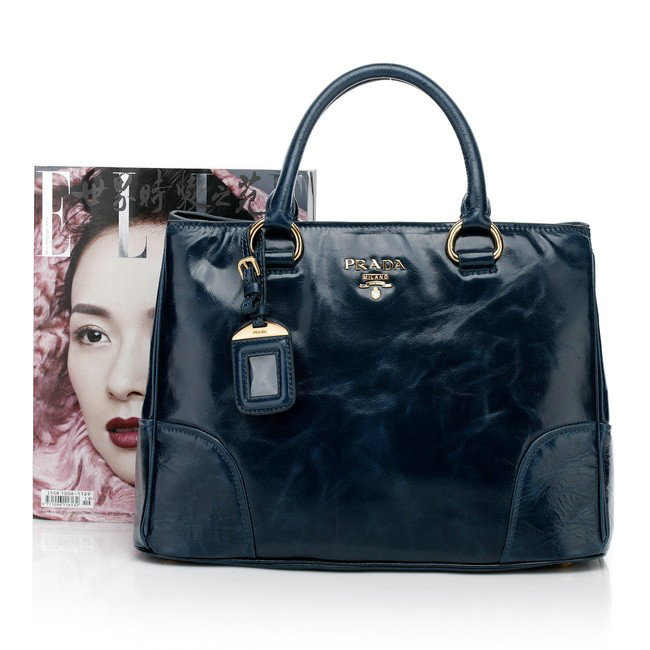 2014 Prada bright Leather Tote Bag for sale BN2533 darkblue
